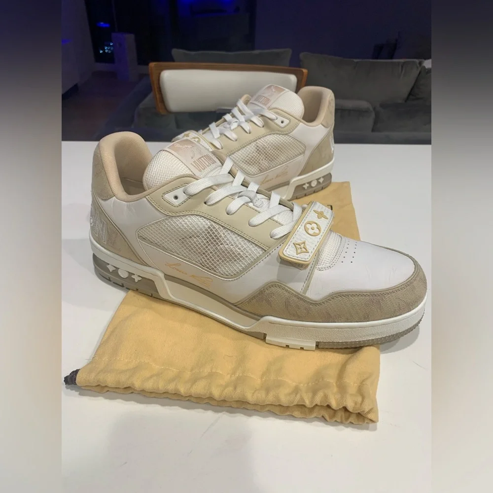 Louis Vuitton lv trainer tan monogram sneakers sz 11 LV us 12 strap - Picture 2 of 11
